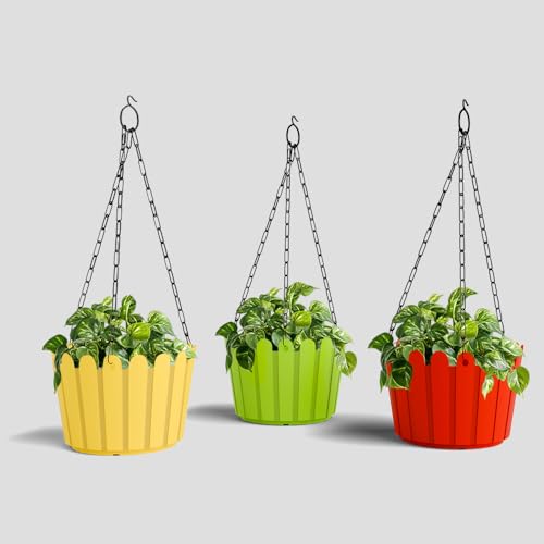Image of YUCCABE ITALIA SHERA Hanging Fence 8 INCH Planter Pot Plastic Flower Hanging Pots for Home Decoration Sutiable for Indoor and Outdoor (Multicolor, Pack of 3)