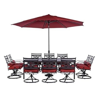 Hanover Montclair 11-Piece Outdoor Dining Set, All-Weather Outdoor Patio Dining Set with 84"x60" Stamped Rectangular Table and 10 Swivel Rocker Chairs, Plush Chili Red Cushions, Durable Steel Frames