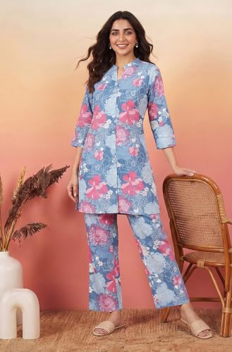 Image of Janasya Women's Pure Cotton Floral Printed Straight Co-ord Set