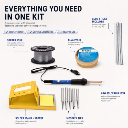 Image of 60W Adjustable Temperature Soldering Iron Kit | 5 Copper Tips | Soldering Stand With Sponge | Solder Wire Flux Paste | Electronics Repair Tool Set | Includes Glue Sticks | Pack of 12