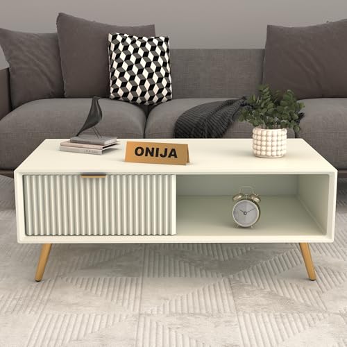 Image of ONIJA Modern Coffee Table for Living Room | HDMR Premium Wood Center Table with Storage Shelf | Matte Finish Coffee Table | Wooden Tea Table with Sturdy Legs (White)
