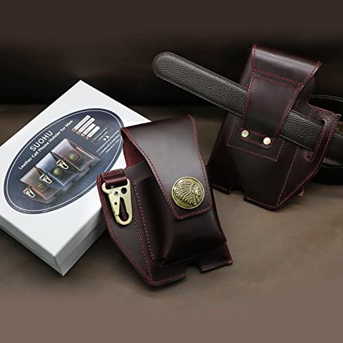 Suohu Leather Phone Holster With Belt Clip, Flip Belt Phone Case With Magnetic Closure For Iphone 14/13 Pro Max, Cell Phone Belt Holder For S22 Plus, Universal Leather Phone Pouch Cases (Red Brown) #TOP1