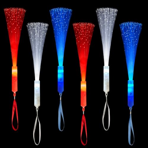 4th of July Red White Blue Glow Sticks Toys Gifts for Toddlers-6 Pack 250th Fourth of July Light Up Fiber Optic Wand for Kids Memorial Day Patriotic Sparklers Fireworks Item Stuff for Boys Girls