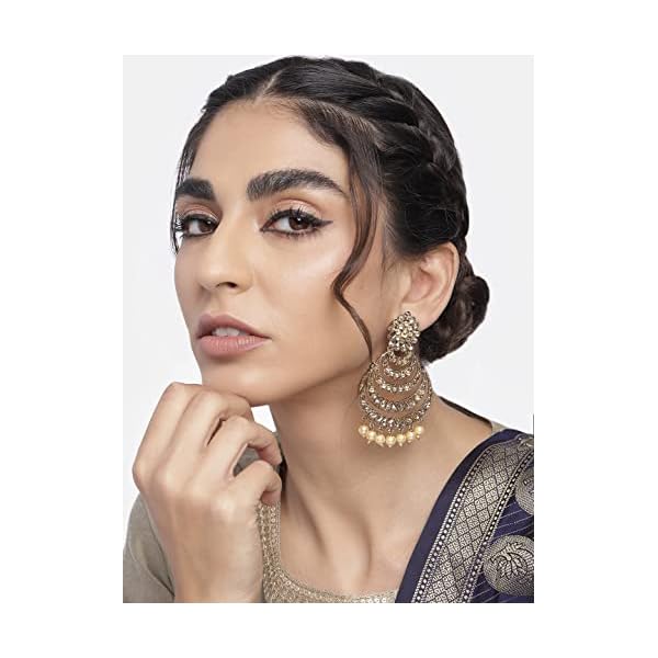 I Jewels 18K Gold Plated with Stunning Antique Finish Encased with Kundan & Faux Pearl Chandbali Earrings for Women/Girls - Image 3
