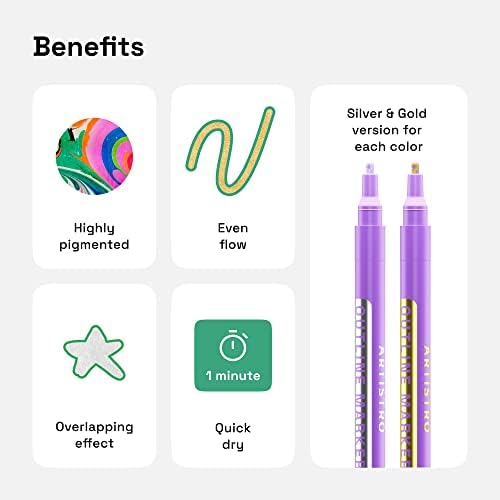 ARTISTRO Outline Markers, 16 Outline Pens, 5 Cards, Gold and Silver Metallic Outline Markers, Double Line Outline Pens, Self-Outline Metallic Markers. Perfect for Doodling, Drawing and Calligraphy