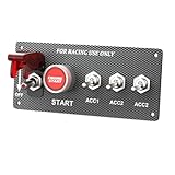 PANEL DE CONTROL COMPLETO: Panel de interruptores de carreras con diseño de fibra de carbono que incluye 1 interruptor de palanca con cubierta de seguridad, 1 botón de arranque de motor LED iluminado en rojo, y 3 interruptores de palanca adicionales para accesorios (ACC1, ACC2, ACC3)