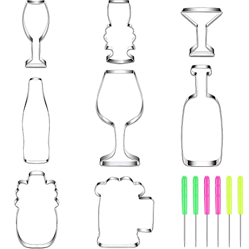 8 Pieces Wine Cookie Cutters Set With Beer Glass, Champagne Glass, Wine Glass, Margarita Glass, Beverage Glass, Wine Bottle Stainless Steel Fondant Biscuit Cutters And 6 Pieces Sugar Stirring Pins #TOP16
