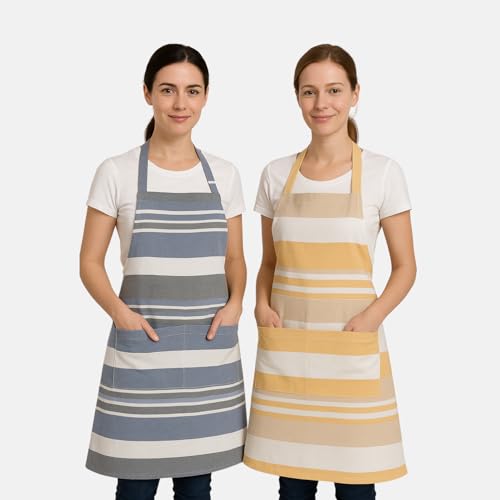 Image of Unisex Cooking Aprons | Waterproof Apron | Striped Design with 2 Front Pockets & Adjustable Neck Strap | Durable, Oil & Stain Resistant | Chef Apron for Cooking