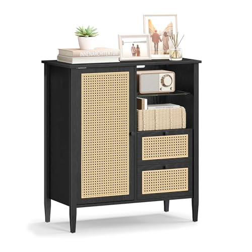 Image of VASAGLE Boho Buffet Cabinet, Synthetic Rattan Sideboard with Drawers, Storage Cabinet with Adjustable Shelves, Ink Black UBBK242B01