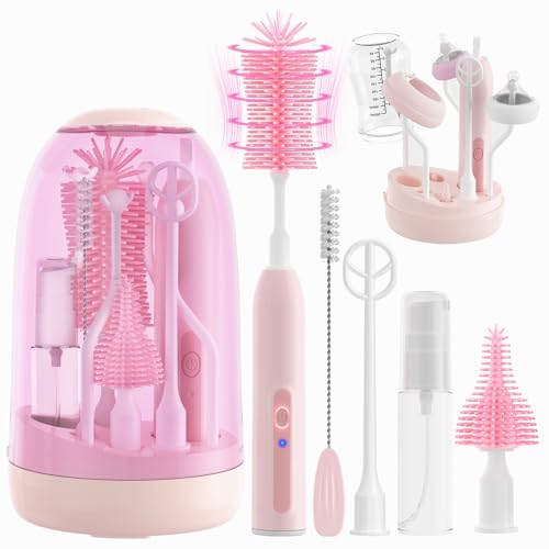 Image of Electric Bottle Brush Cleaner,Electric Baby Bottle Brush Cleaner with Silicone Nipple&Straw Brush,Soap Dispenser,Drying Rack-Waterproof,Long Battery Life,Travel Bottle Cleaner Kit for Babies