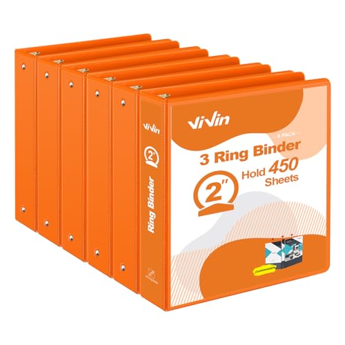 ViVin 2 Inch Round Ring View Binder for Durability, 6-Pack (Orange)