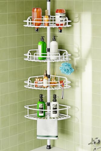 Image of HAMITOR Rustproof Bathtub Corner Shelf, 4-Tier Shower Caddy Tension Pole | Adjustable Bathroom Organizer For Shampoo, Accessories, Storage, No-Drill Quick Install, Space-Saving 47.7-123.6 Inch, White