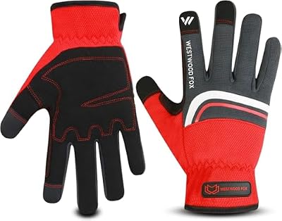 WESTWOOD FOX Work Gloves for Men & Women, Working Gloves Touch Screen, Flexible Yard Work Gloves Utility Mechanic (Black Red, Medium)