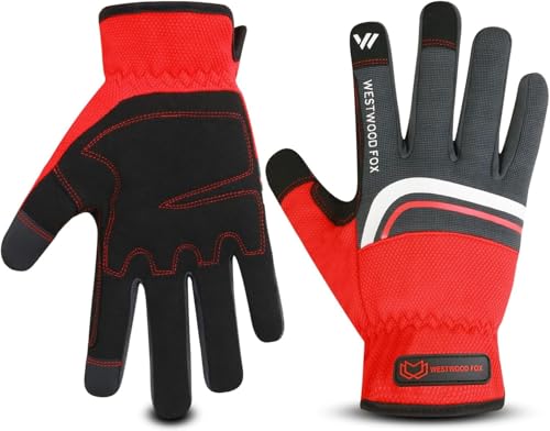 WESTWOOD FOX Work Gloves Touch Screen, Medium Black Red