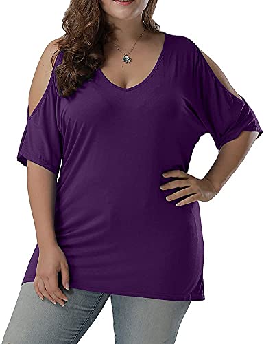 Allegrace Women Plus Size Tops V Neck Short Sleeve Batwing Top Cold Shoulder T Shirt Purple 2X #TOP4