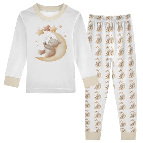 Cartoon Pajamas Set Cute Bear Sitting on The Moon Long Sleeve PJs Cotton Jammies Sleepwear Top and Pants Multicolor