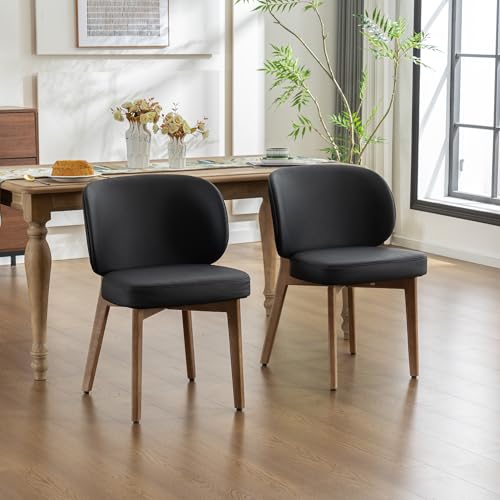 Image of YOUNIKE Dining Chairs Set of 6 Modern Kitchen Dining Room Chairs Black | Faux Leather Upholstered Armless Side Accent Chair with Back Wide Padded Seat Wooden Leg, Soft, Waterproof, Comfortable