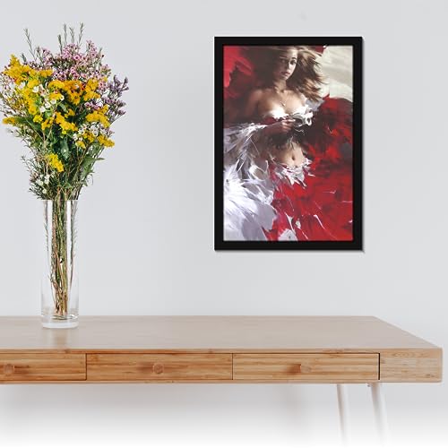 Image of Mad Masters Pretty Girl Painting in Red and White Beautiful Woman Painting Photo Frame for Living Room, Bedroom, Home Decor and Wall Decoration (MM 1865, 30.5L x 20.3W cm, Paper, With Plexi Glass)