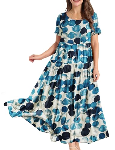 Image of YESNO Women Casual Loose Bohemian Floral Dress with Pockets Short Sleeve Long Maxi Summer Beach Swing Dress EJF