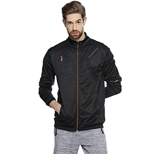 Campus SutraMen's Black Heathered Activewear Jacket with Reflective Detail for Casual Wear | Hooded Neck | Long Sleeve | Zipper Closure | Polyester Jacket Crafted with Comfort Fit for Everyday Wear