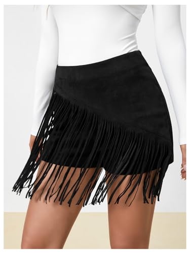 SweatyRocks Women's Fringe High Waist Skort Zipper Back Faux Suede Skirt Shorts3