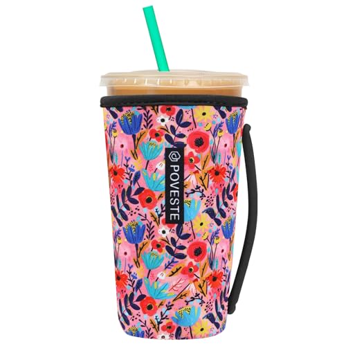 Image of Reusable Neoprene Insulator Sleeve for Iced Coffee & Cold Soda, Coffee Sleeves for Iced & Hot Drinks, Cold Beverage Cooler Compatible with Starbucks, Dunkin (Abstract Flower, Large: 32oz)