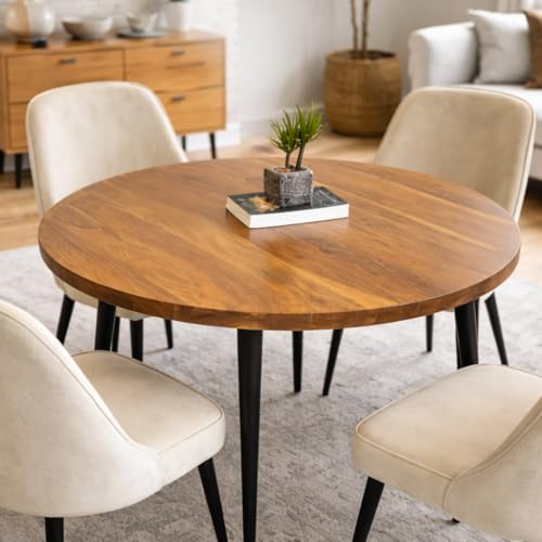 Image of Solid Mango Wooden Round 4 Seater Dining Table for Living Room, Dining Room, Hotel & Home, Brown Finish, Only Dinning Table (90 x 90 x 76 Centimeters) (Only Dining Table)