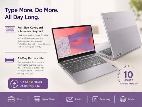 Image of Lenovo IdeaPad 3i Chromebook Laptop, 15.6 inch FHD Display, Intel Celeron N4500, 4GB RAM, 64GB Storage, ChromeOS, Numeric Keypad, Long Battery Life, Wi-Fi 6 & Bluetooth, for Learning & Everyday Use