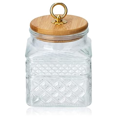 Glass Jars with Airtight Lid, Glass Coffee Nuts Canister Storage Jar, 21FL OZ Patterned Glass Food Storage Containers with Metal Handle, Kitchen Decorative Jar for Sugar Candy Flour Cereal Snack Cook Cover