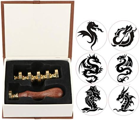 Dragon Wax Seal Stamp Kit, VIHOME 6 Pieces Sealing Wax Stamps Copper Seals + 1 Piece Wooden Hilt, Vintage Antique Dragon Seal Wax Stamp Set (Dragon Kit 6 Pcs)