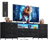 EnHomee Fits 65,70 inch Tv Stand, 63' W Dresser Tv Stand with LED Lights & Power Outlets, Entertainment Center with 12 Long Dresser for Bedroom, Hallway, Black