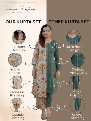 Image of Leriya Fashion Women's Cotton Printed A-Line Kurti Pant Set | Abstract Leaf & Floral Kurta with Trouser Pant | Casual Ethnic Co-ord Set for Women Stylish | Elegant Anarkali Style Tunic Kurta Set