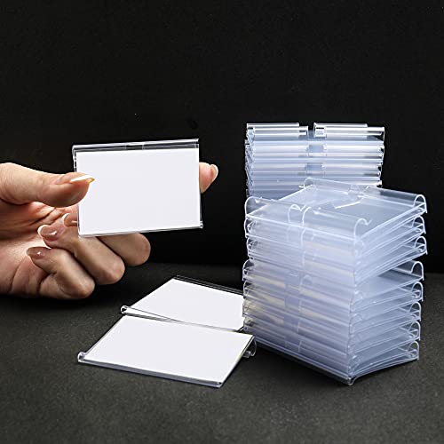 Seitop 70 Pcs Clear Plastic Label Holders + 100 Pack Blank Label Paper, Wire Shelf Retail Price Label Clip On Basket Merchandise Sign Display Sign Storage Organizer Bin (2.4X1.57 Inch) #TOP2