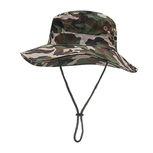 ZLYC Mens Sun Hat Wide Brim Mesh Outdoor Safari Hat Boonie Hats(8cm Brim Camo Army) Green, 8cm Brim Camo Army Green