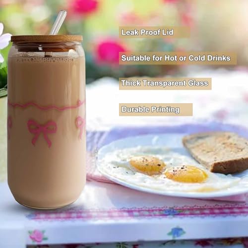 MEOGUTYI Pink Bow Cup, Cute Bow Glass, 16 OZ Glass Cups with Lids and Straws, Coffee Cup, Gift for Her in Graduation Season, Mother's Day, Valentine’s Day, Birthday, Christmas Day — view 3