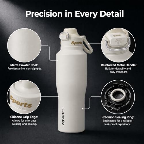 Botella Deportiva Aislada 32oz con Tapa 2 en 1, Termo de Acero Inoxidable de Doble Pared y Vacío, Conserva Bebidas Frías 48h, Taza Antigoteo con Asa, Compatible con Porta Vasos de Auto, Blanco miniatura 7