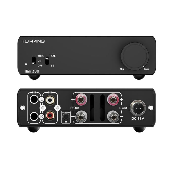 Topping Mini300 Amplificatore HiFi Stereo ad Alta Potenza, Classe D Bilanciato, 140 W×2 @4Ω, 124 dB SNR, Auto Power Sync,TRS Bilanciato e RCA, Amplificatore da Scrivania per Altoparlanti Passivi, Nero