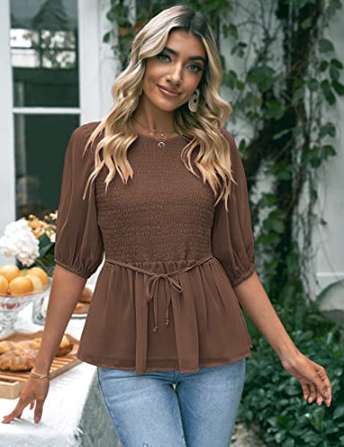 Luvamia 2023 Blouses For Women Dressy Casual Flowy Peplum Tops Puff Sleeve Smocked Elegant Summer Dress Shirt Chiffon Blouses For Women Sheer Blouses For Women Friar Brown Size Medium Size 8 Size 10 #TOP7