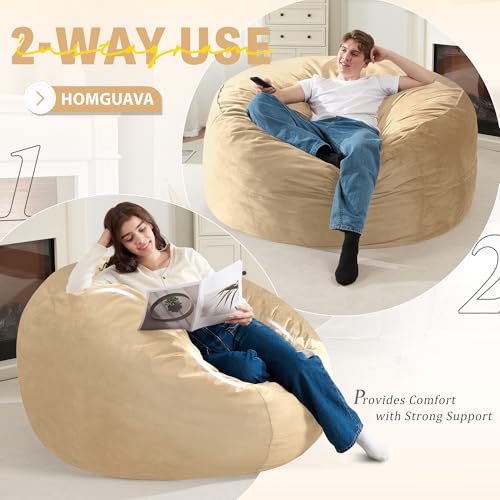 Homguava 4 FT Bean Bag Chair: 4' Bean Bags with Memory Foam Filled, Large Beanbag Chairs Soft Sofa with Dutch Velvet Cover-Khaki