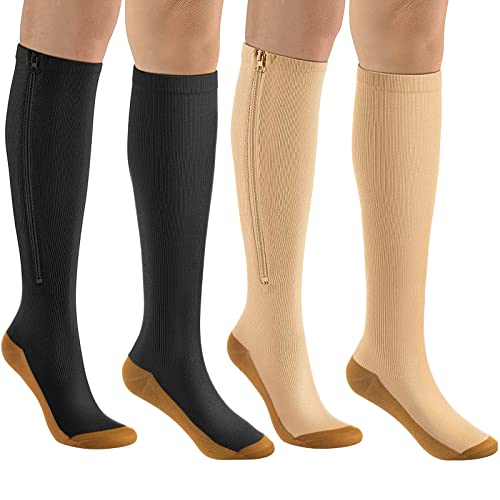 Image of bropite Zipper Close Toe Compression Socks for Women and Men 2 Pairs Knee high 15-20mmHg for Walking Running Nurses Pregnancy