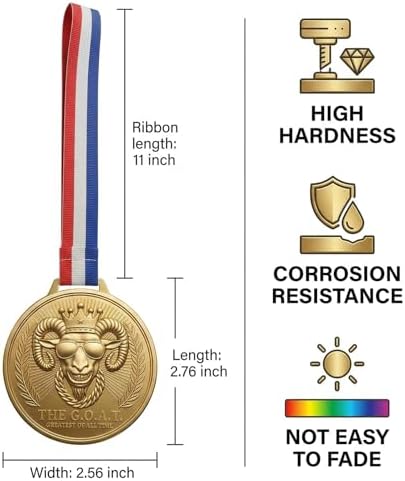 Freetoes Gold Goat Medal - 3 Inch Champion Pendant with Award Ribbon,Greatest of All Time Awards Chain for Football, Basketball,MVP,Tournaments & Champions League Winners Trophy Gifts 3
