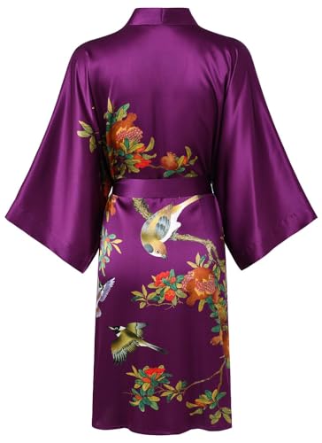Image of Women's Silk Kimono Robe Short Bathrobe Nightgown 100% Mulberry Silk for Women - Classic Floral Pattern