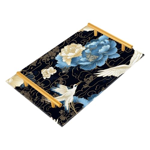 Blue and White Vintage Crane Flowers Decorative Serving Trays with Handles Bed Serving Tray for Jewelry Perfume for Decorative Food bandeja decorativa para la sala