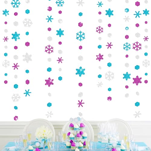 Image of 52 Ft Snowflakes Party Decorations Silver Purple Blue Glitter Paper Snowflakes Garland Streamer for Winter Wonderland Christmas Holiday Frozen Birthday Wedding Baby Shower Bridal Shower Party Supplies