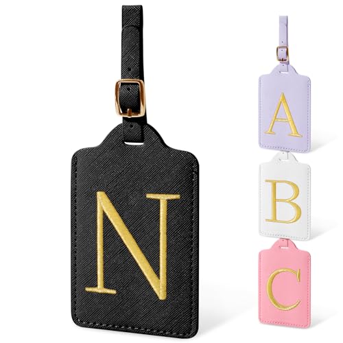 Image of Initial Letter Luggage Tags for Suitcases, Personalized Embroidered Letter Luggage Bag Suitcase Identifier Name Tag, Cute PU Leather Travel Luggage Tags, Bag Tags for Luggage Handbags(Black N)