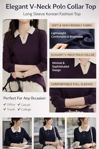 Image of Women's Polo T-Shirt | Long Sleeve Casual T-Shirt for Womens || Soft Comfortable Korean Style Trendy Top for Women