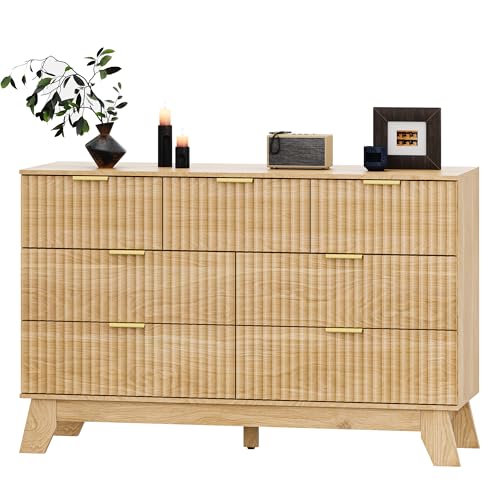 Image of HUANLEGO 48 inch W Fluted Dresser for Bedroom with 7 Drawers, Oak | Mid Century Modern Dressers & Chest of Drawers, Boho Dresser for Closet, 7 Drawer Storage TV Stand for Bedroom