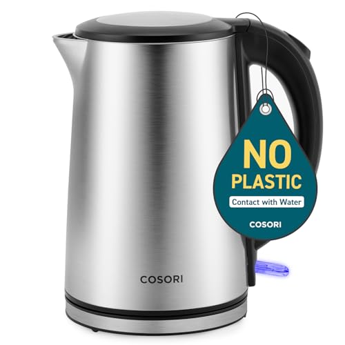 Cosori Double-Wall Stainless CDK-SE151-SUS in silver, seamless stainless inner shell visible through open 2-level hinged lid, blue LED indicator at base
