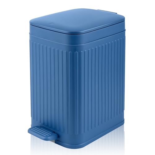 Image of rejomiik Small Bathroom Trash Can with Lid Slim Soft Close Garbage Can Step Wastebasket Container Trash Bin for Office Bedroom Kitchen Living Room 1.9 Gallon, Navy Blue