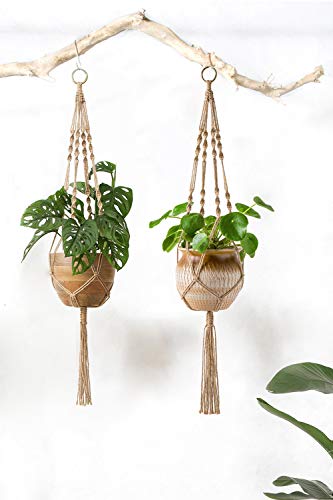 Mkono 2 Pack Macrame Plant Hangers Indoor Hanging Planter Basket Decorative Flower Pot Holder Jute Rope For Indoor Outdoor Home Decor 4 Legs 40 Inch, Brown #TOP2